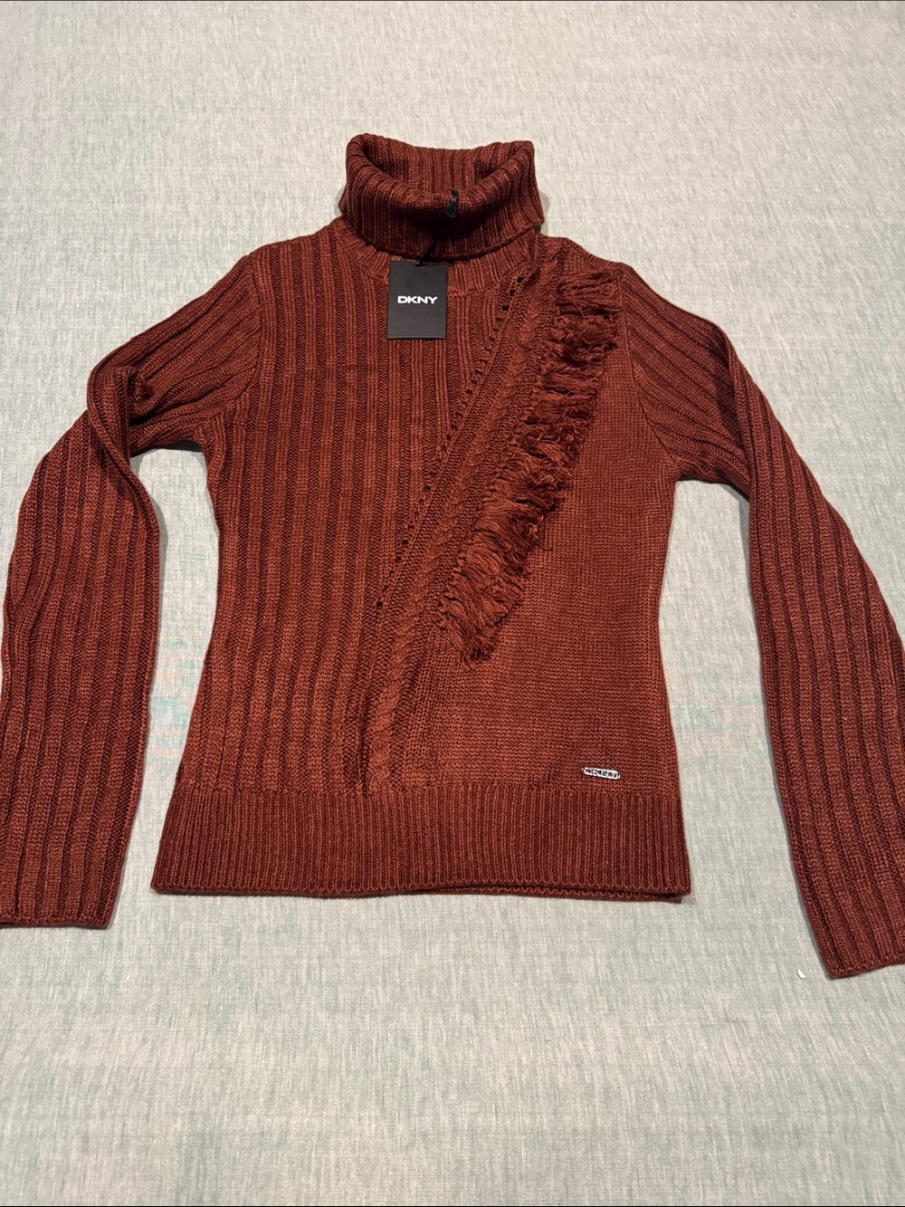 DKNY Ribbed Turtleneck Sweater with Fringe in Rust Brown